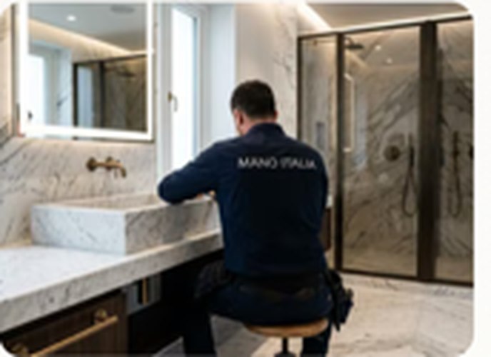 Instalatér firmy Mano italia montuje mramorové umyvadlo v koupelně